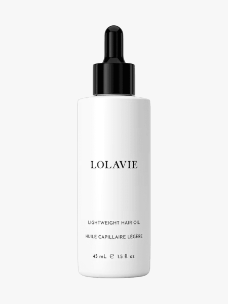 LolaVie Lightweight Hair Oil in branded component on a light gray background