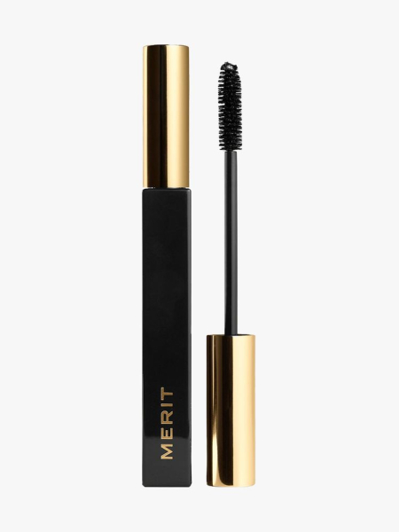 Merit Clean Lash Lengthening Mascara black tube of mascara with gold cap on light gray background